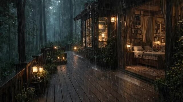 Luxury wooden forest cabin with cozy bedroom and library, rainy evening on terrace, warm ambient lighting, peaceful nature retreat, modern rustic house in woods with rain, tranquil lifestyle scene