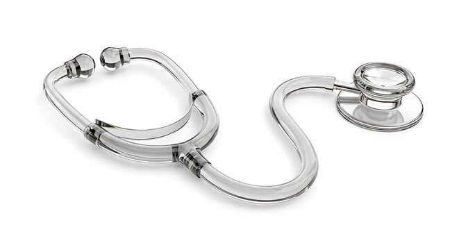 Transparent glass stethoscope isolated on white background, medical tool for listening to internal body sounds, symbol of healthcare and diagnosis.