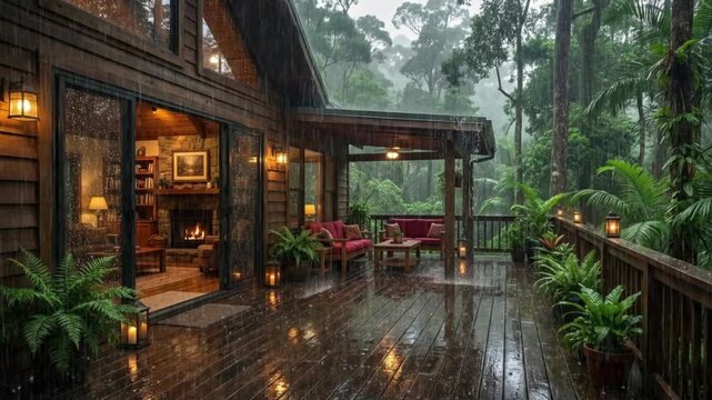 Luxury wooden forest cabin with cozy bedroom and library, rainy evening on terrace, warm ambient lighting, peaceful nature retreat, modern rustic house in woods with rain, tranquil lifestyle scene