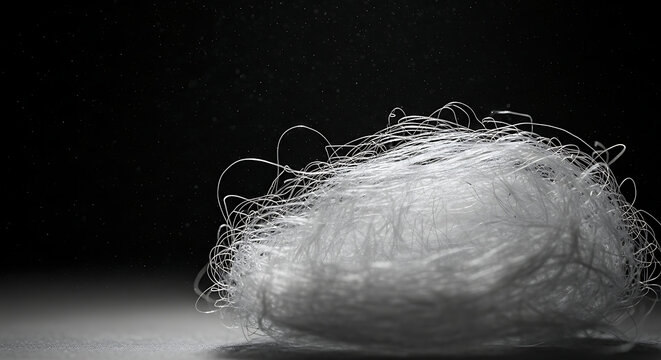 white fibers and tangled threads of synthetic material illuminated against a dark background perfect for material science concepts.