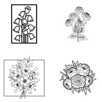 Black and white floral arrangement set including wildflower bouquets, flower frames, and blossom ske