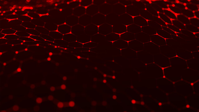 A bright red hexagonal grid undulates smoothly, like a living digital fabric. A futuristic hexagonal background. Glowing nodes are connected by lines, forming a honeycomb structure.
