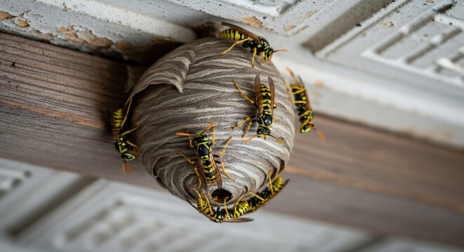 a detailed view of a wasp nest built under an old ceiling covered with wasps and yellow jacket insect pests.