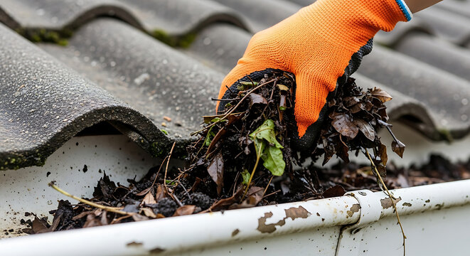 a gloved hand performing essential gutter cleaning removing wet autumn leaves and debris from a dirty roof gutter.