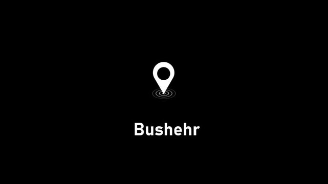 Bushehr city location pin animation on black background, minimalist geographic map marker for travel and navigation projects