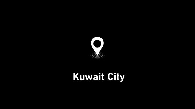 Kuwait city location pin animation on black background, minimalist geographic map marker for travel and business presentations