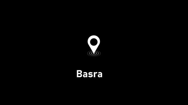 Basra city location pin animation on black background, minimalist geographic map marker for travel and logistics projects