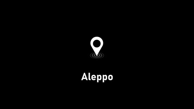 Aleppo city location pin marker animation on black background, for travel and, mapping projects syria