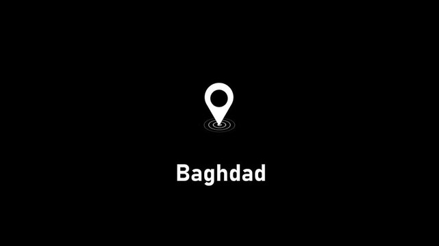 Baghdad city location pin animation on black background, minimalist geographic map marker for travel and news broadcasts