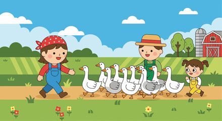 Fototapeta premium Children and Geese on a Farm.