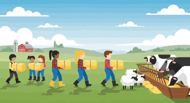 Children carrying hay bales to feed farm animals.