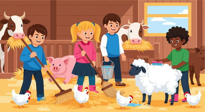 Children helping on a farm with animals.