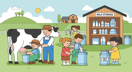 Fototapeta premium Farm life illustration of cow milking and milk processing.