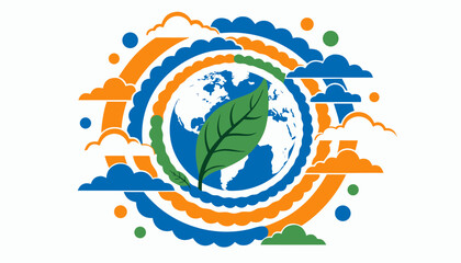 Obraz premium Circular earth and leaf sustainability emblem framed by clouds and dotted rings on a light background