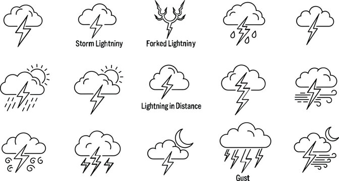 Weather Icon Set Featuring Storm Lightning, Forked Lightning, Gusts, Clouds, and Lightning in Distance for Meteorological and Weather Forecast Designs