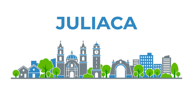 Juliaca Peru city skyline with landmarks and trees flat vector illustration isolated on white