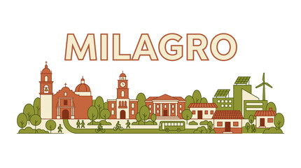 Naklejka premium Milagro Ecuador city skyline with landmarks sustainable energy and community flat vector illustration