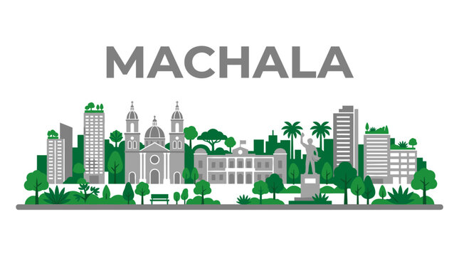 Machala Ecuador city skyline with cathedral and monument flat vector illustration