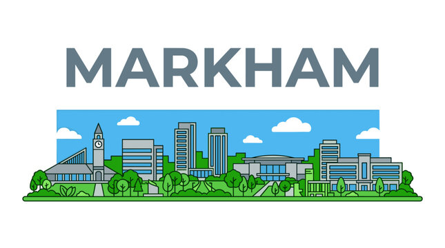 Markham Ontario city skyline flat line art vector illustration with landmark buildings