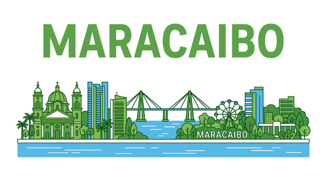 Maracaibo Venezuela city skyline featuring Urdaneta bridge and basilica vector illustration