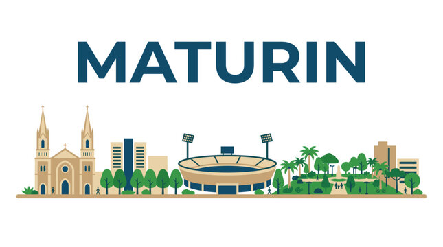 Maturin Venezuela city skyline featuring cathedral and stadium flat vector illustration