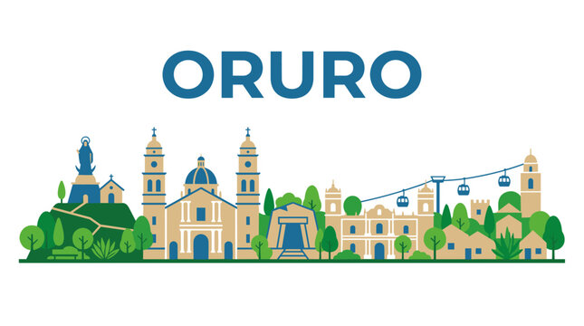 Oruro Bolivia city skyline with famous landmarks flat vector illustration isolated on white background