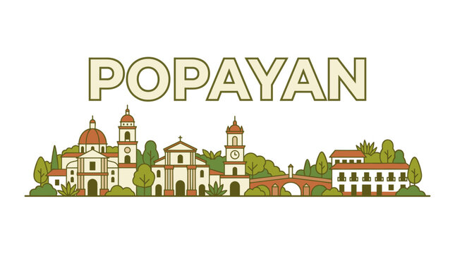 Popayan Colombia city skyline with historic landmarks flat line art vector illustration