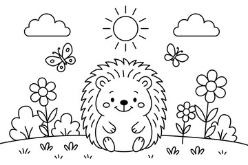 Cute Hedgehog Sitting surounded by Flowers and Butterflies Coloring Page for Kids © immortality