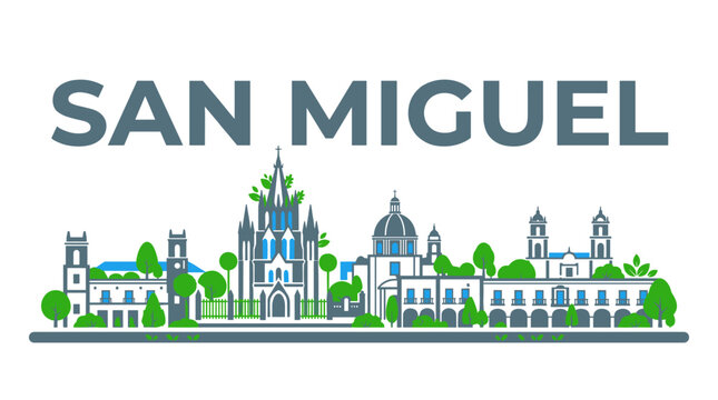 San Miguel de Allende skyline with church landmarks flat design vector illustration