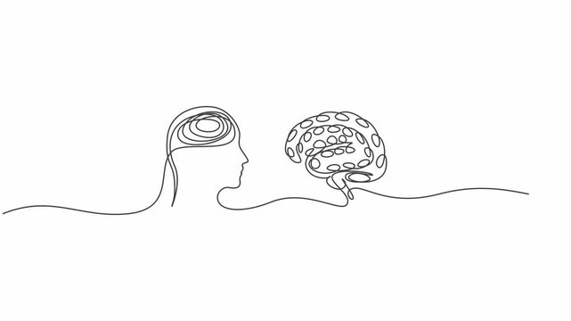 Continuous line of human head and octopus tentacle brain concept animation profile