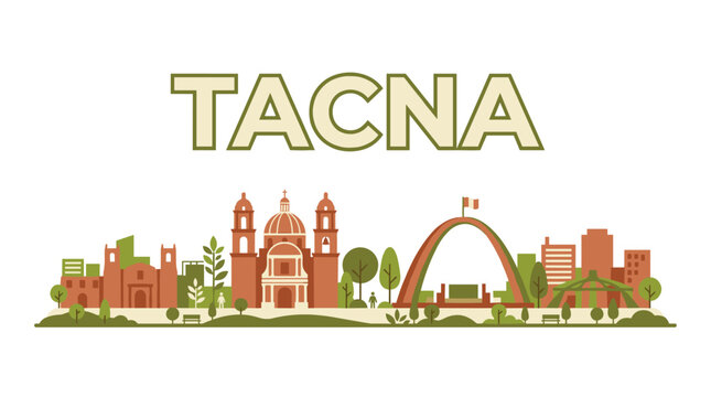 Tacna Peru city skyline featuring Cathedral and Parabolic Arch flat vector illustration