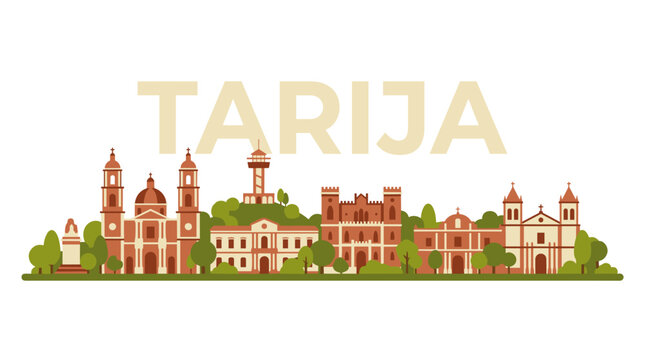 Tarija Bolivia city skyline landmarks featuring colonial architecture isolated on white vector illustration