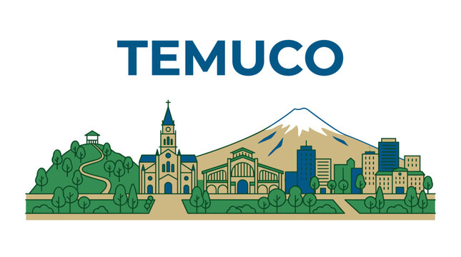 Temuco city skyline with volcano and cathedral landmarks flat vector illustration