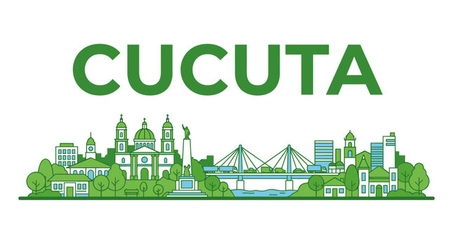 Cucuta Colombia city skyline panorama with landmarks and text green vector illustration