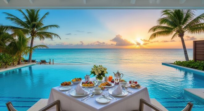 Elegant table setting with ocean view and pool at sunset