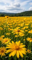 Fototapeta premium Vibrant Field of Yellow Flowers Under a Cloudy Sky.