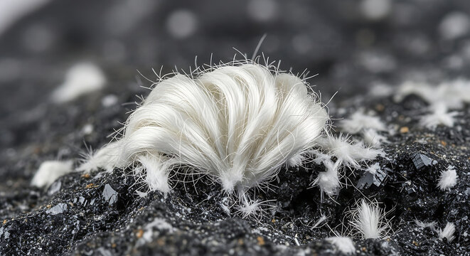 asbestos chrysotile mineral fibers growing on dark rock surface showcasing hazardous material in a scientific macro close-up