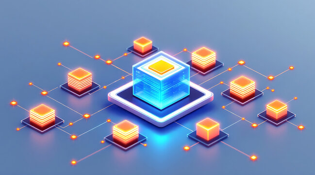Glowing isometric data center cube network, neon blue server hub connecting orange stacked storage nodes futuristic schematic, dynamic lighting