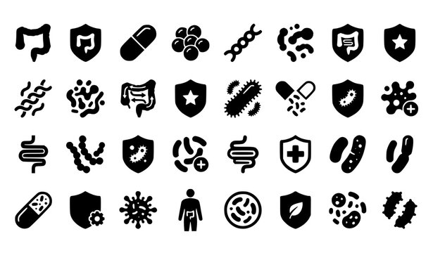 Probiotics bacteria icon set flat black microbiome symbols gut health and supplement vector collection