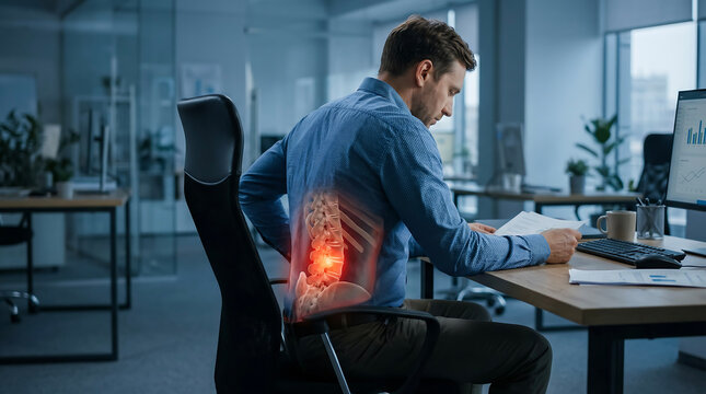 Stressed Businessman Experiencing Intense Lower Back Pain While Working at His Desk in a Modern Office Environment, Highlighting Workplace Health Issues and Poor Ergonomics