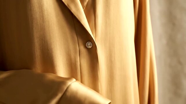 Close-up of a luxurious golden silk blouse with a single button closure.
