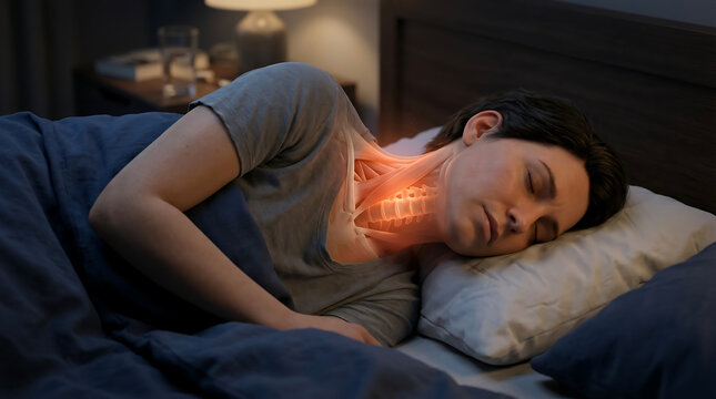 Restless sleep due to throat pain, illustrating discomfort and health issues affecting a woman's nocturnal well-being and health problems