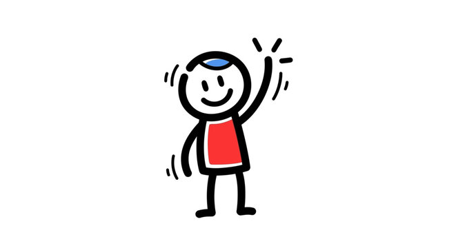 Stick figure waving with smile.