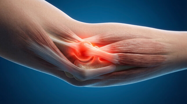 Elbow joint pain and inflammation, medical illustration of an injured human elbow showing discomfort and tenderness