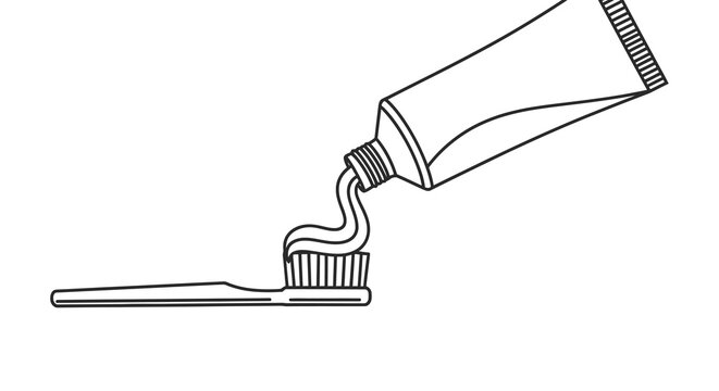 Line art illustration of toothpaste being squeezed onto a toothbrush