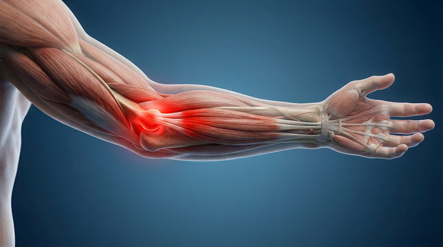 Close-up of a human arm showing the elbow joint highlighted in red indicating pain or inflammation, a medical illustration