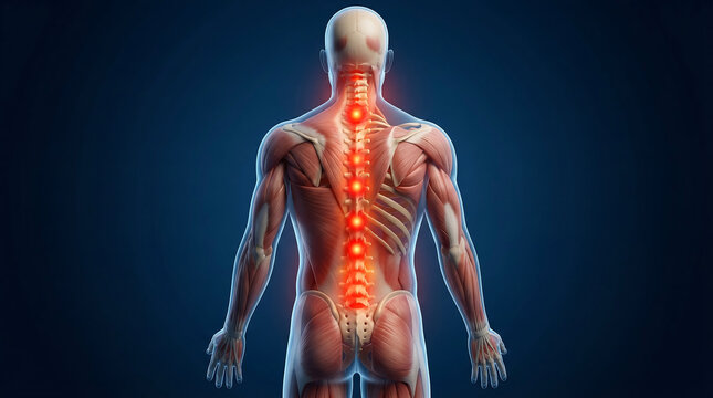 Anatomical illustration of the human spine with highlighted areas of pain and discomfort, indicating potential spinal issues and medical conditions