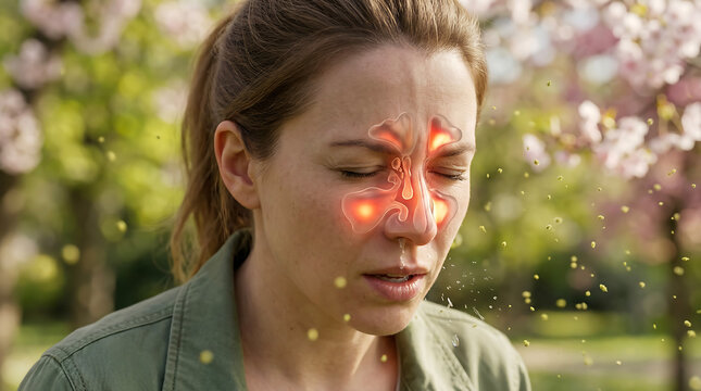 Distressed young woman outdoors, suffering from painful sinusitis and inflammation, exacerbated by springtime seasonal hay fever and pollen allergies
