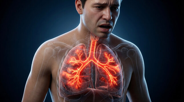 Anatomical illustration of a human male's respiratory system with inflamed lungs