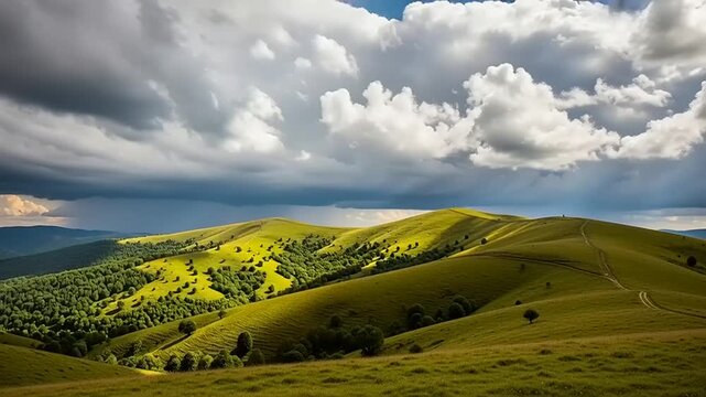 rolling green hills under stormy clouds